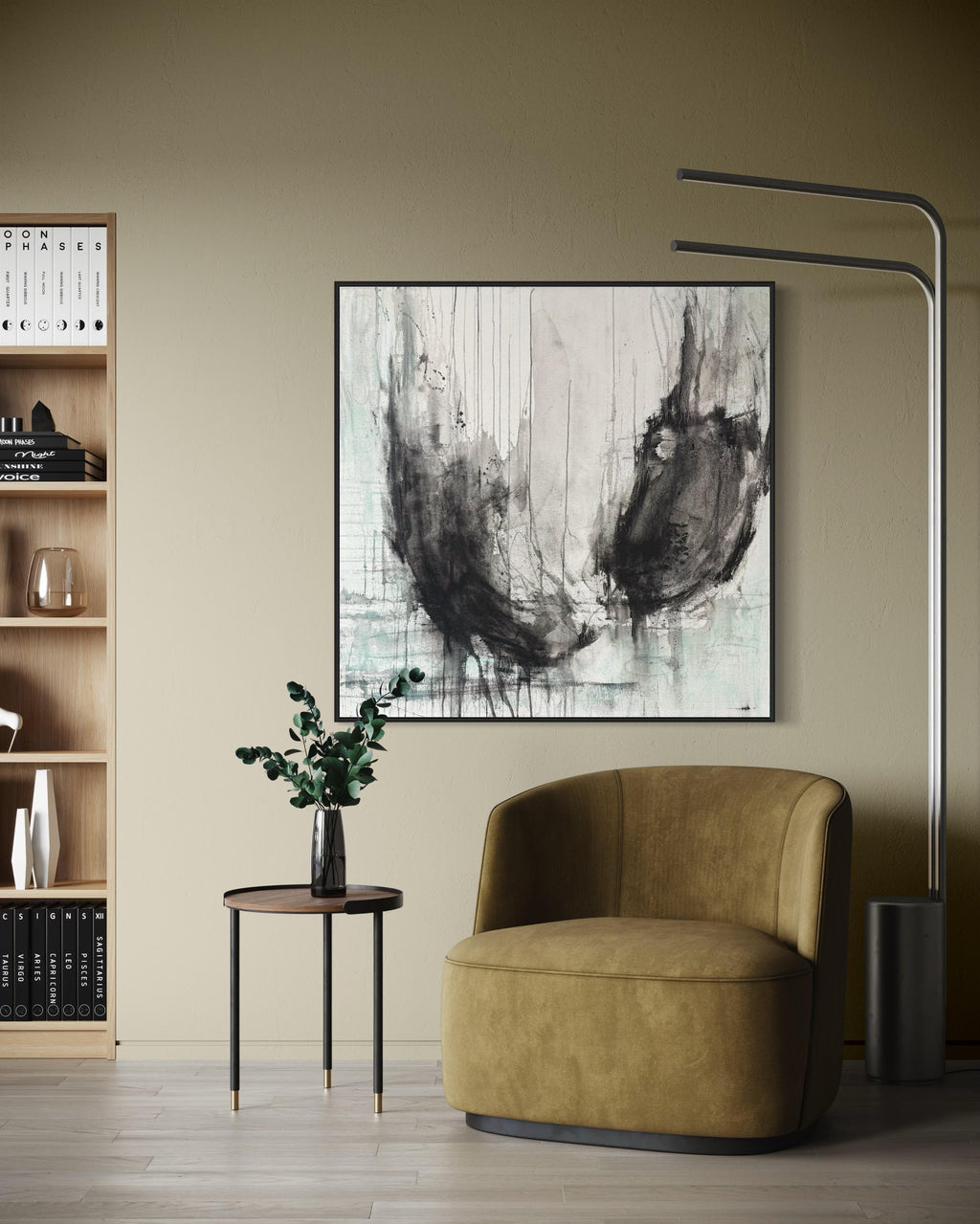 Soaring abstract charcoal in modern living room  
