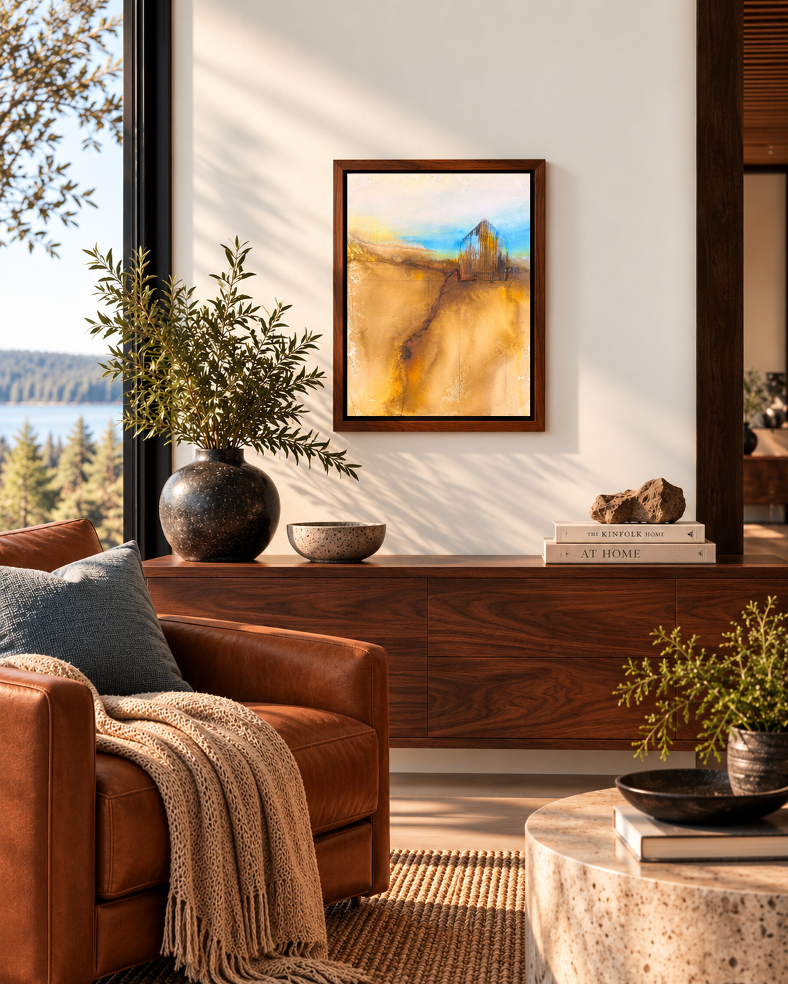 The Cabin is a quiet textured, earthy, abstract landscape, that celebrates old structures and becoming one with the earth, by modern artist Jen Muse