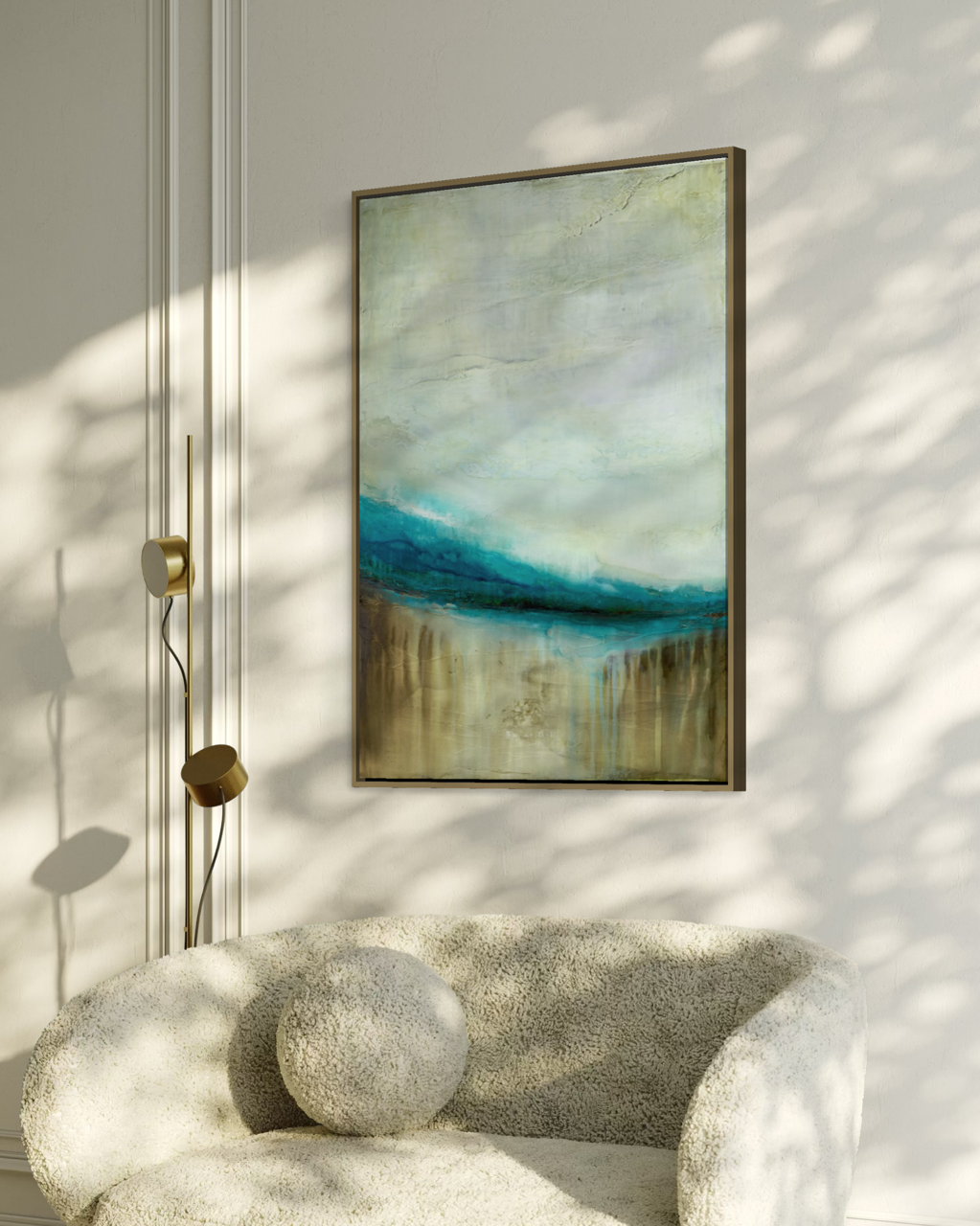 The Flow of Time abstract original painting inspired by the cenotes of Kantun Chi in Mexico hung in a modern white lounge with gold frame