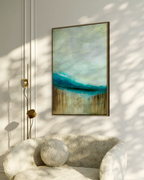 The Flow of Time abstract original painting inspired by the cenotes of Kantun Chi in Mexico hung in a modern white lounge with gold frame
