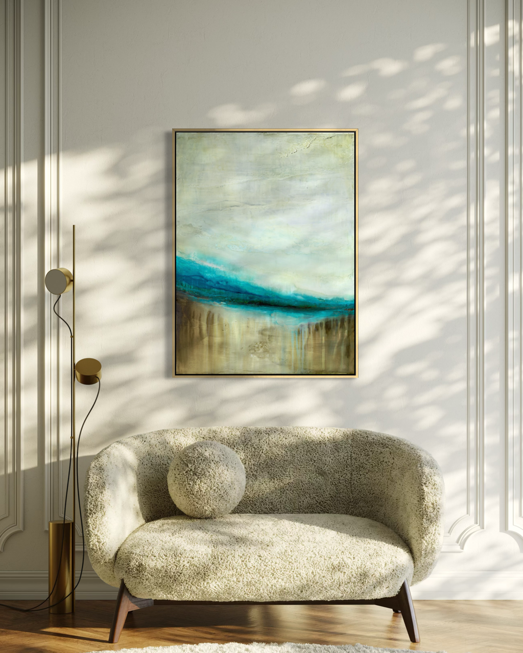 The Flow of Time abstract original painting inspired by the cenotes of Kantun Chi in Mexico hung in a modern white lounge