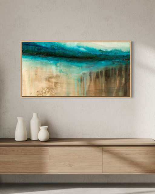 The Flow of Time Horizon is modern abstract of water and stone, inspired by the Cenotes of Mexico. Framed Canvas prints by artist Jen Muse.