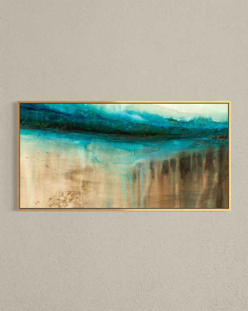 The Flow of Time Horizon is modern abstract of water and stone, inspired by the Cenotes of Mexico. Gold Framed Fine Art Print on Canvas by artist Jen Muse.