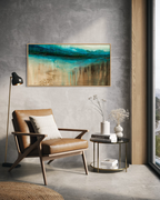The Flow of Time Horizon is modern abstract of water and stone, inspired by the Cenotes of Mexico shown with modern leather chair by artist Jen Muse