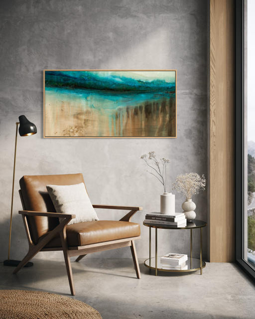 The Flow of Time Horizon is modern abstract of water and stone, inspired by the Cenotes of Mexico shown with modern leather chair by artist Jen Muse