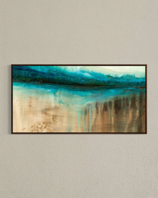 The Flow of Time Horizon is modern abstract of water and stone, inspired by the Cenotes of Mexico. Espresso Framed Fine Art Print on Canvas by artist Jen Muse.