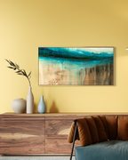 The Flow of Time Horizon is modern abstract of water and stone, inspired by the Cenotes of Mexico shown in a modern, cozy, living space. 