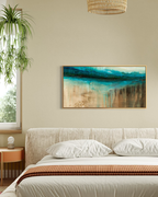 The Flow of Time Horizon is modern abstract of water and stone, inspired by the Cenotes of Mexico shown in a modern, cozy, bedroom by Jen Muse.