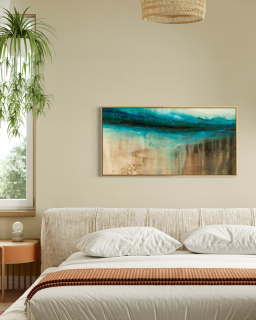 The Flow of Time Horizon is modern abstract of water and stone, inspired by the Cenotes of Mexico shown in a modern, cozy, bedroom by Jen Muse.