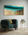 The Flow of Time Horizon is modern abstract of water and stone, inspired by the Cenotes of Mexico shown witha modern, cozy, sofa by artist Jen Muse.