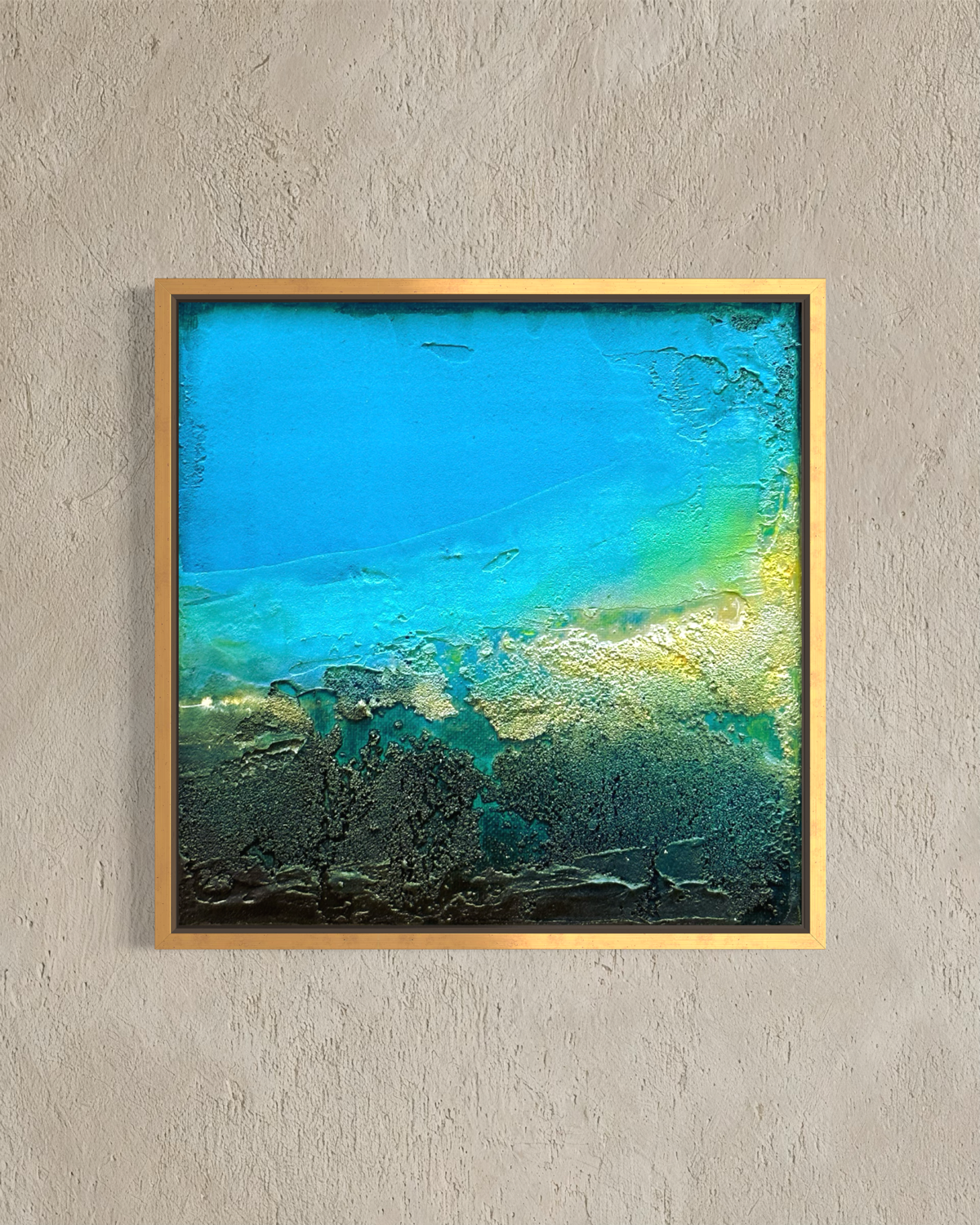Modern abstract ocean shore canvas print in a gold frame by artist Jen Muse
