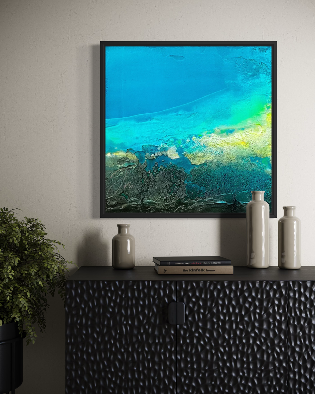 Modern abstract ocean shore canvas print in a modern dining room by artist Jen Muse