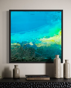 Modern abstract ocean shore canvas print in a black frame close up texture by artist Jen Muse