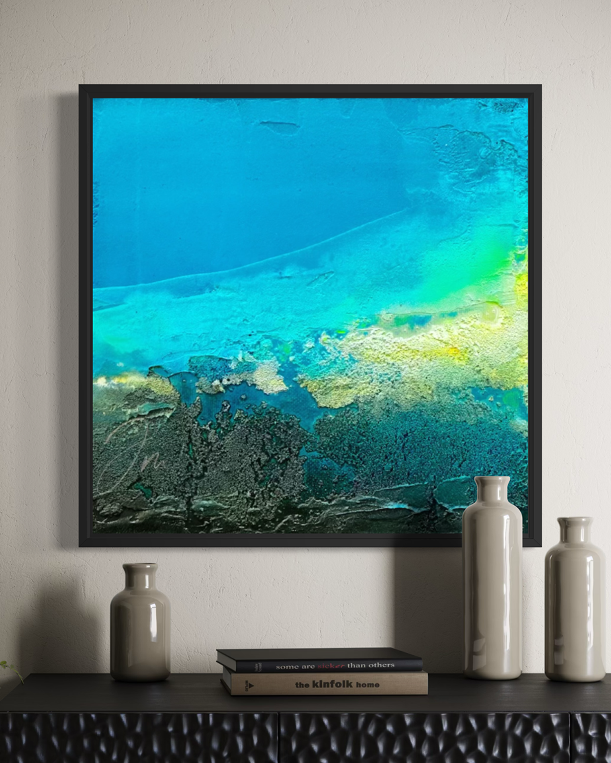 Modern abstract ocean shore canvas print in a black frame close up texture by artist Jen Muse