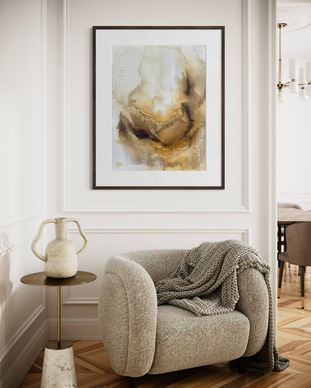 Warm and Cozy modern bloom fine art print in walnut frame by jen muse
