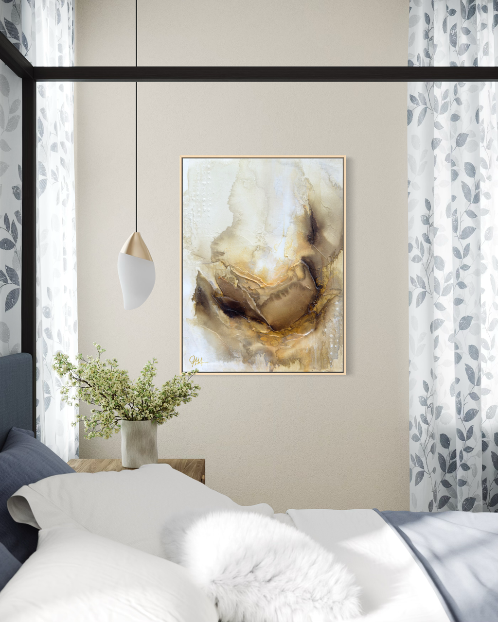 Warm and cozy print on canvas in a modern bedroom