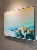 winter barn - is a wintery mixed media abstract painting that records the weather over time as the barn endures through the michigan seasons by artist jen muse
