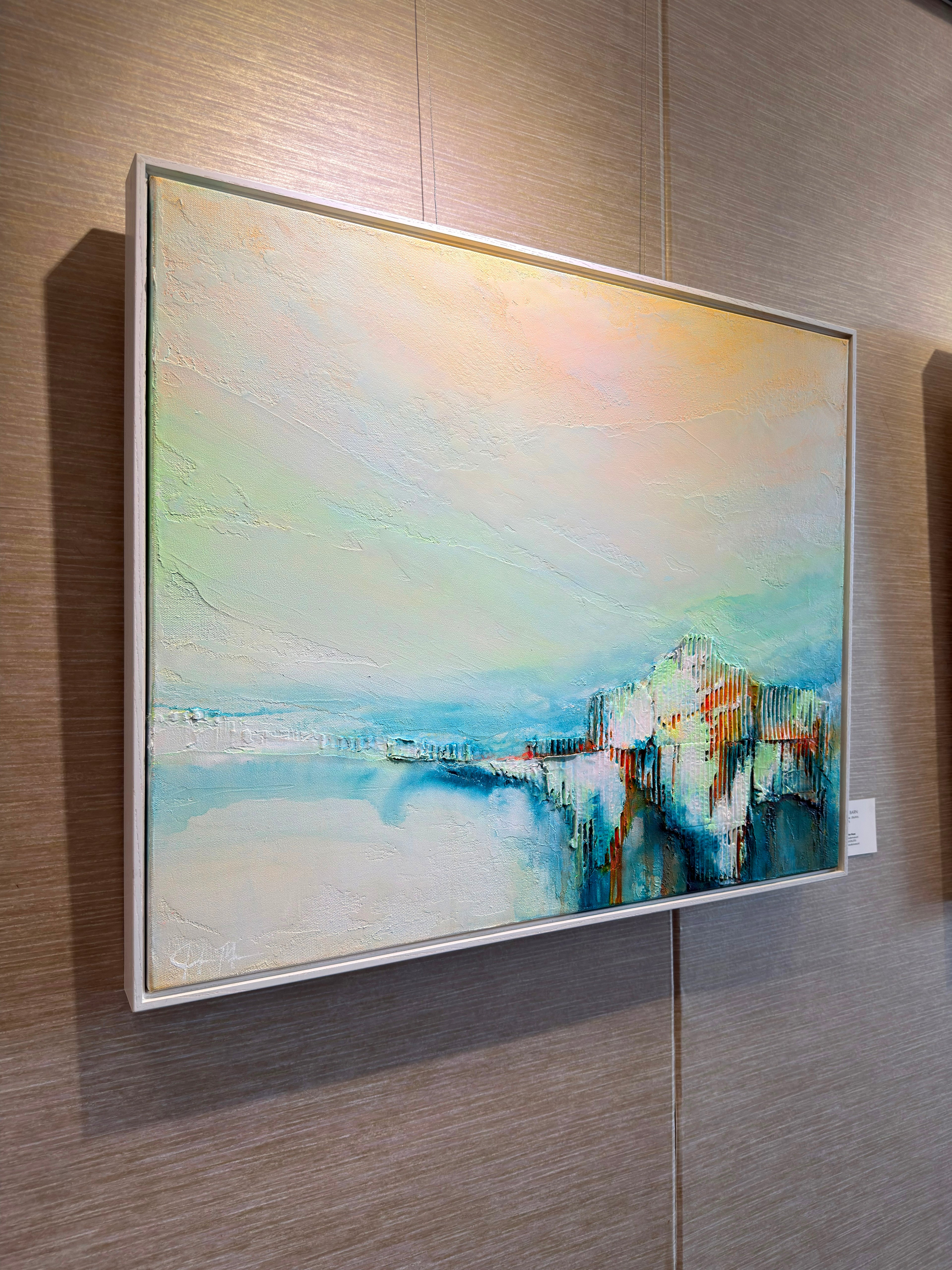 winter barn - is a wintery mixed media abstract painting that records the time as the barn endures through the michigan seasons by artist jen muse