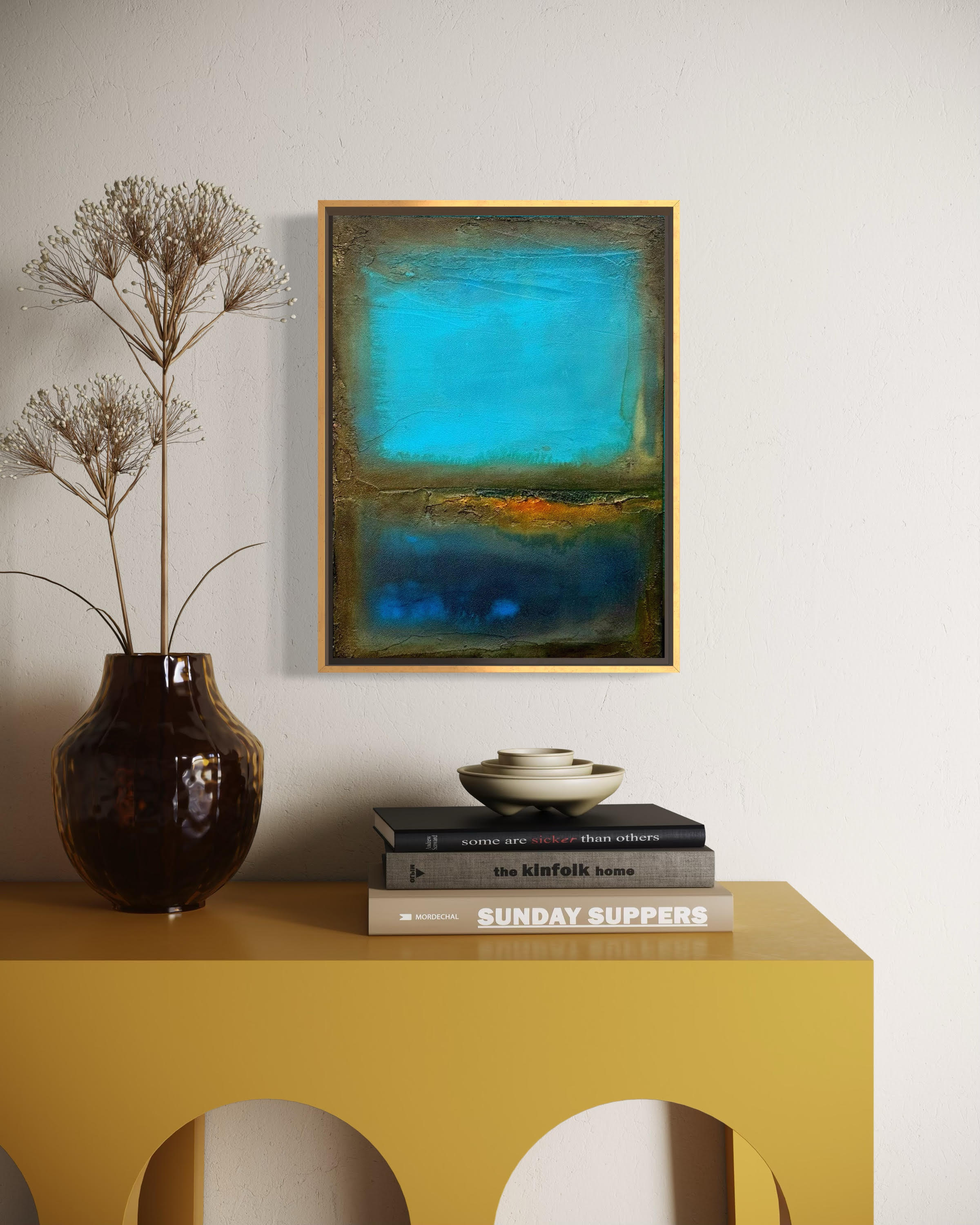 Precious Moment abstract canvas print in a gold frame in modern office