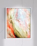 An abstract framed wall painting featuring textured brushstrokes in cream, coral pink, and sepia, displayed on a modern wall by jen muse