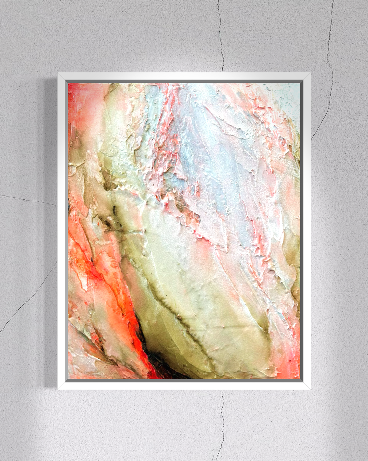 An abstract framed wall painting featuring textured brushstrokes in cream, coral pink, and sepia, displayed on a modern wall by jen muse