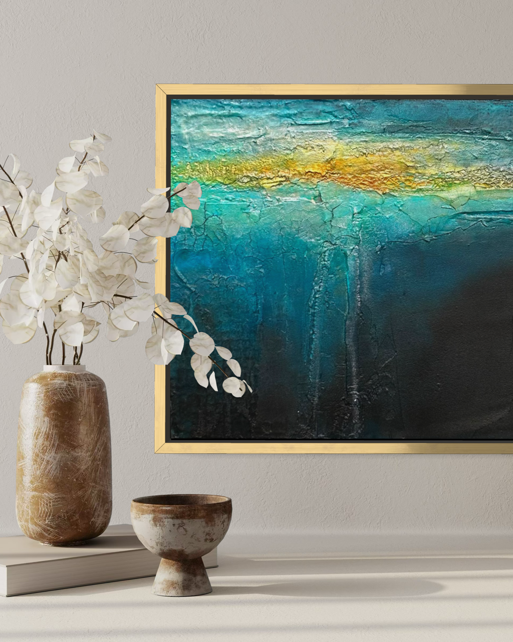 Beneath mixed media textured ocean abstract painting details by artist Jen Muse