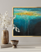 Beneath mixed media textured ocean abstract painting details by artist Jen Muse
