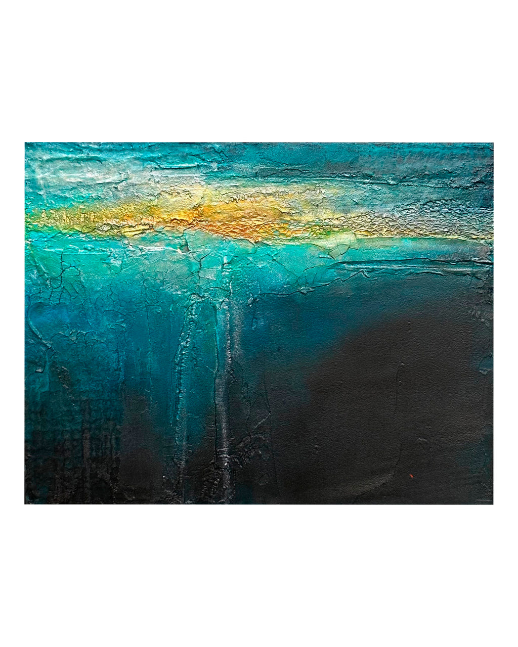 Beneath mixed media ocean abstract painting on gallery white wall