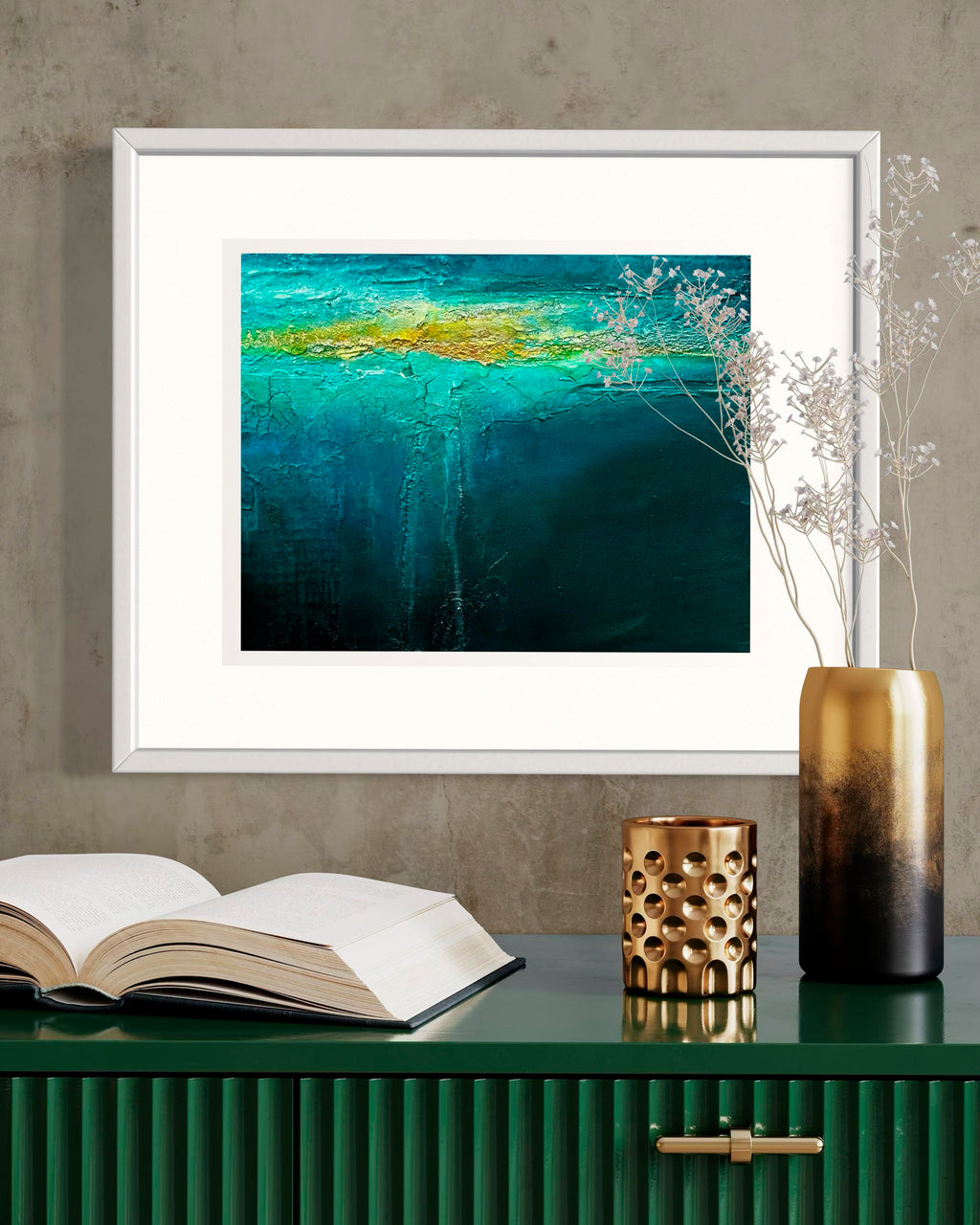 Beneath mixed media ocean abstract painting framed over modern dresser
