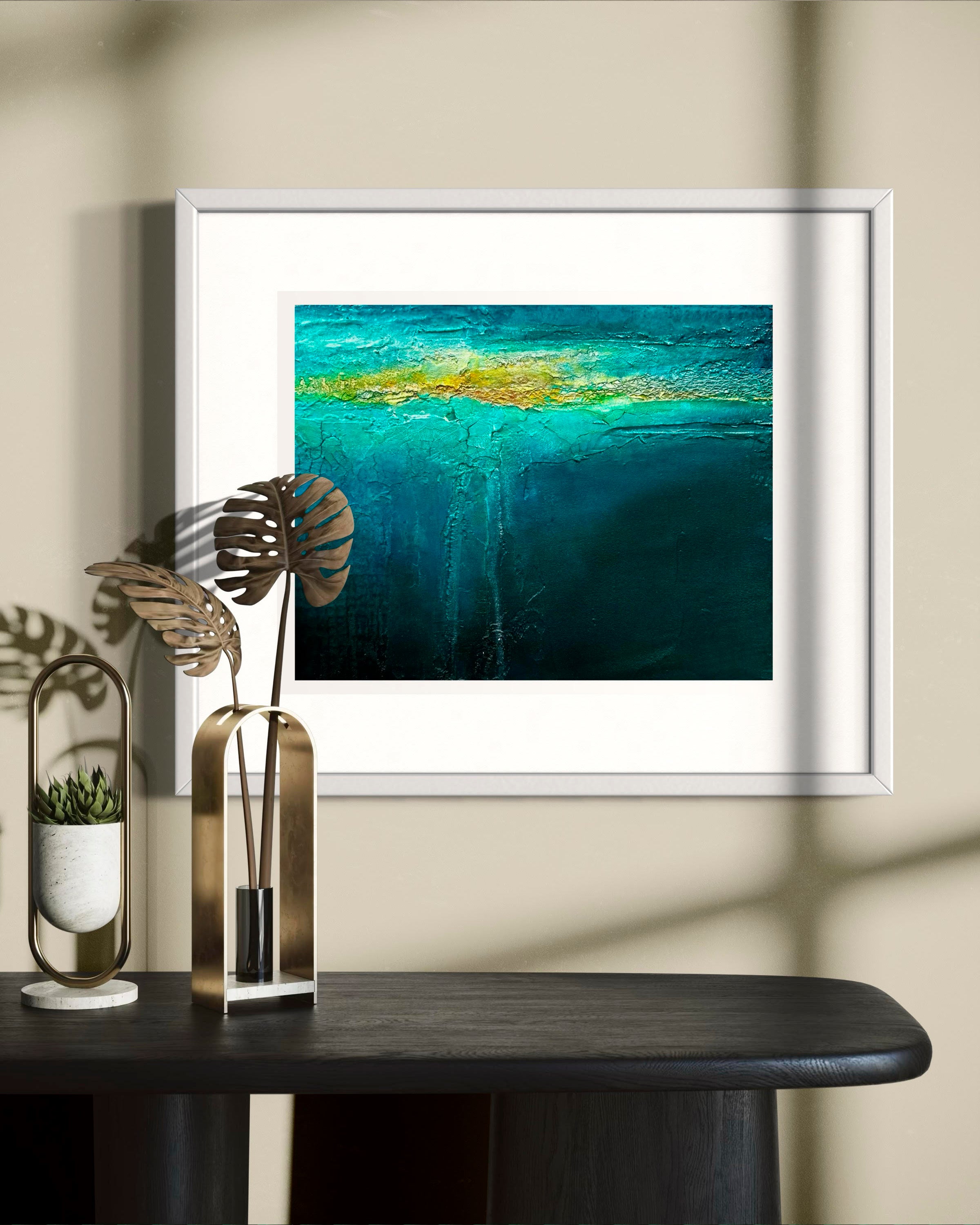 Beneath mixed media ocean abstract painting framed in modern room