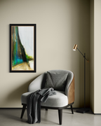 Cliff Walk Earth Edges Collection abstract cliff painting acrylic on canvas with modern black frame and chair