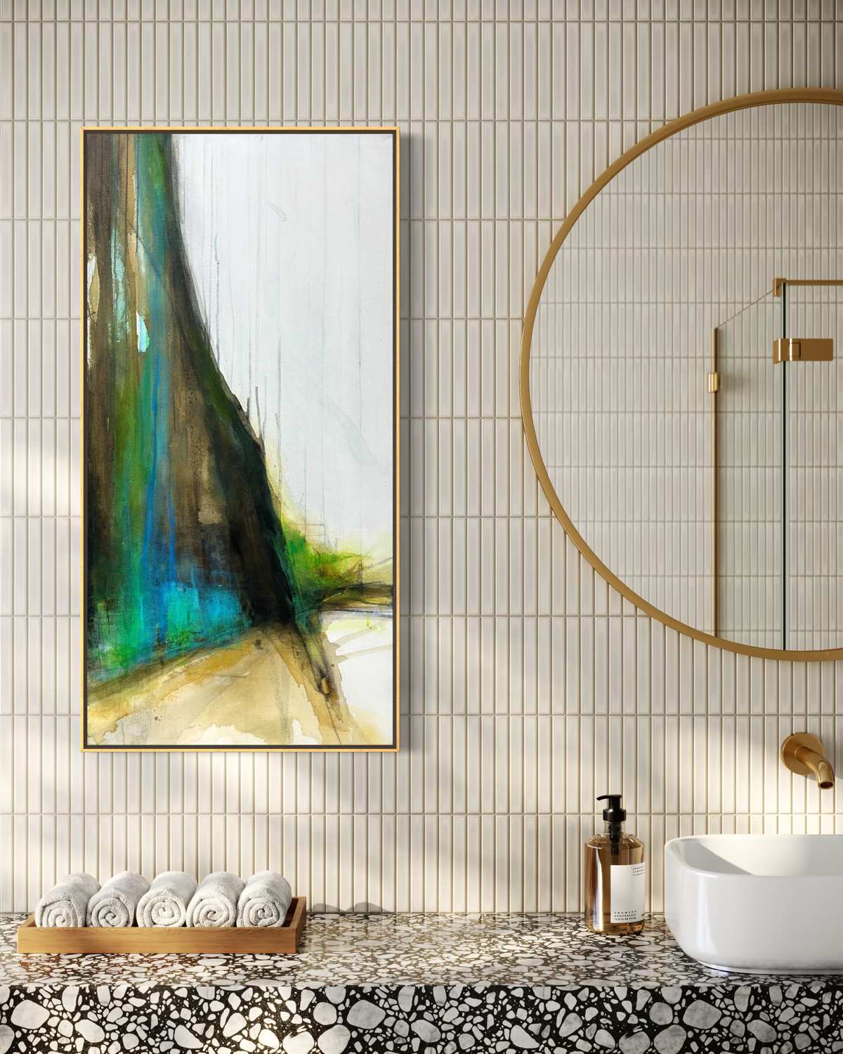 Cliff Walk Earth Edges Collection abstract cliff painting acrylic on canvas in modern bathroom