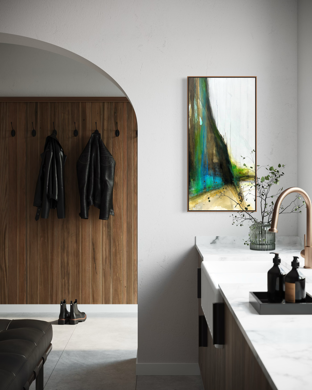 Cliff Walk Earth Edges Collection abstract cliff painting acrylic on canvas in modern wood kitchen