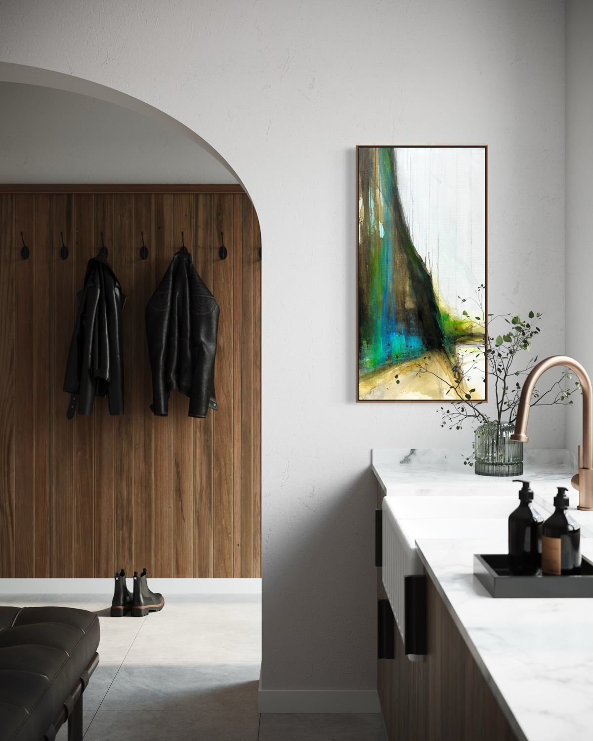 Cliff Walk Earth Edges Collection abstract cliff painting acrylic on canvas in modern wood kitchen