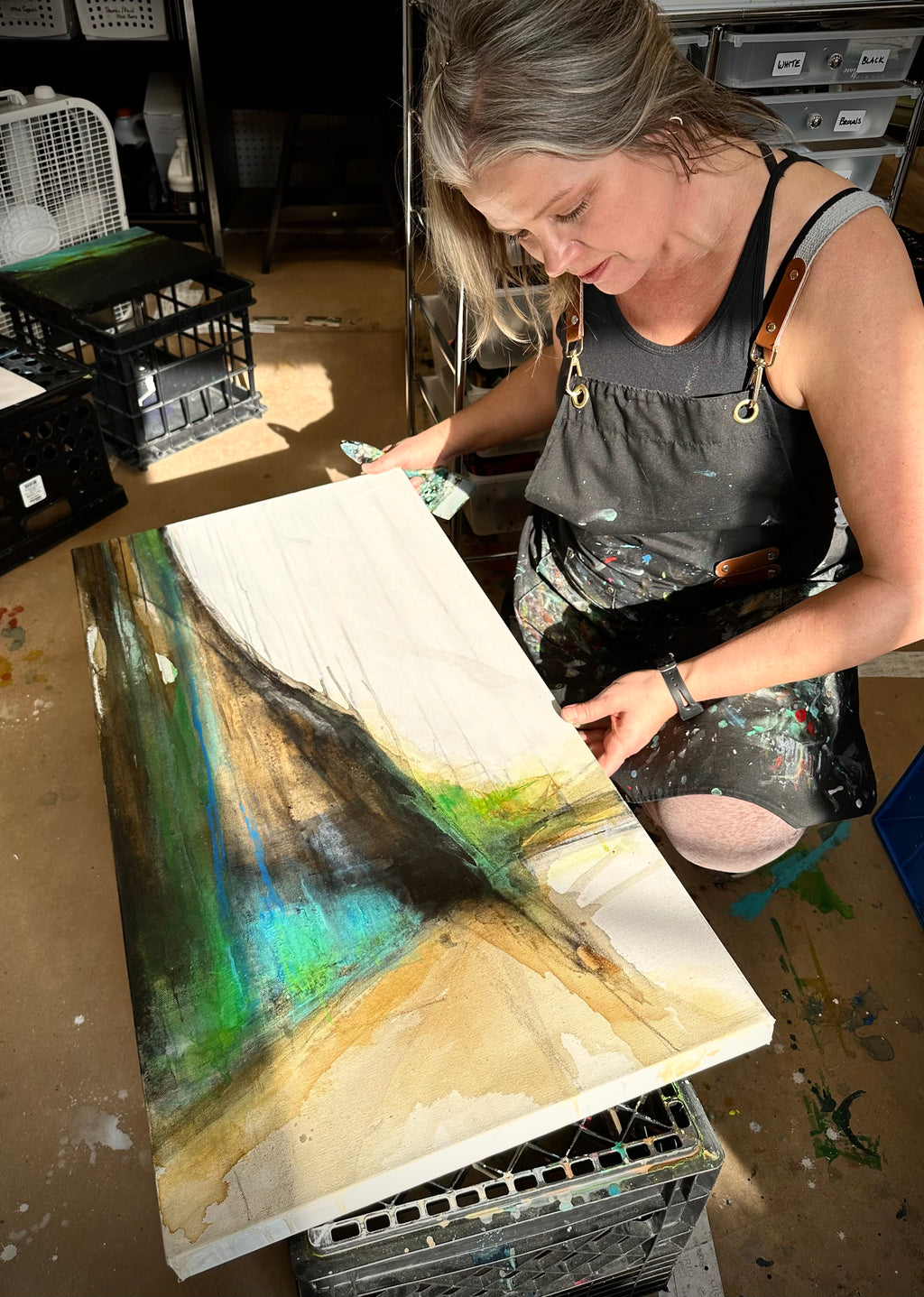 Cliff Walk Earth Edges Collection abstract cliff painting acrylic on canvas with artist Jen Muse in her studio