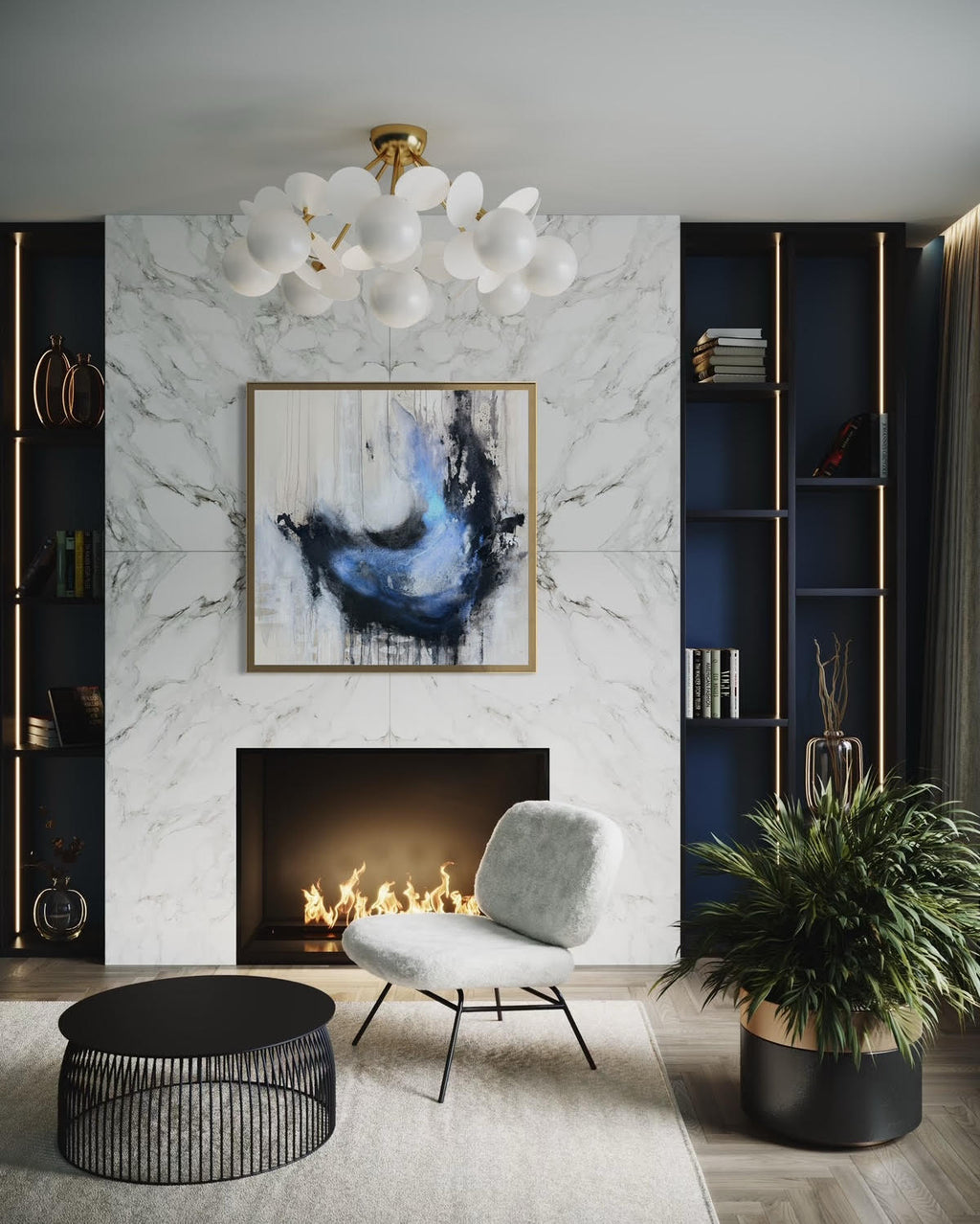 Coming Undone abstract charcoal painting in Modern living room 