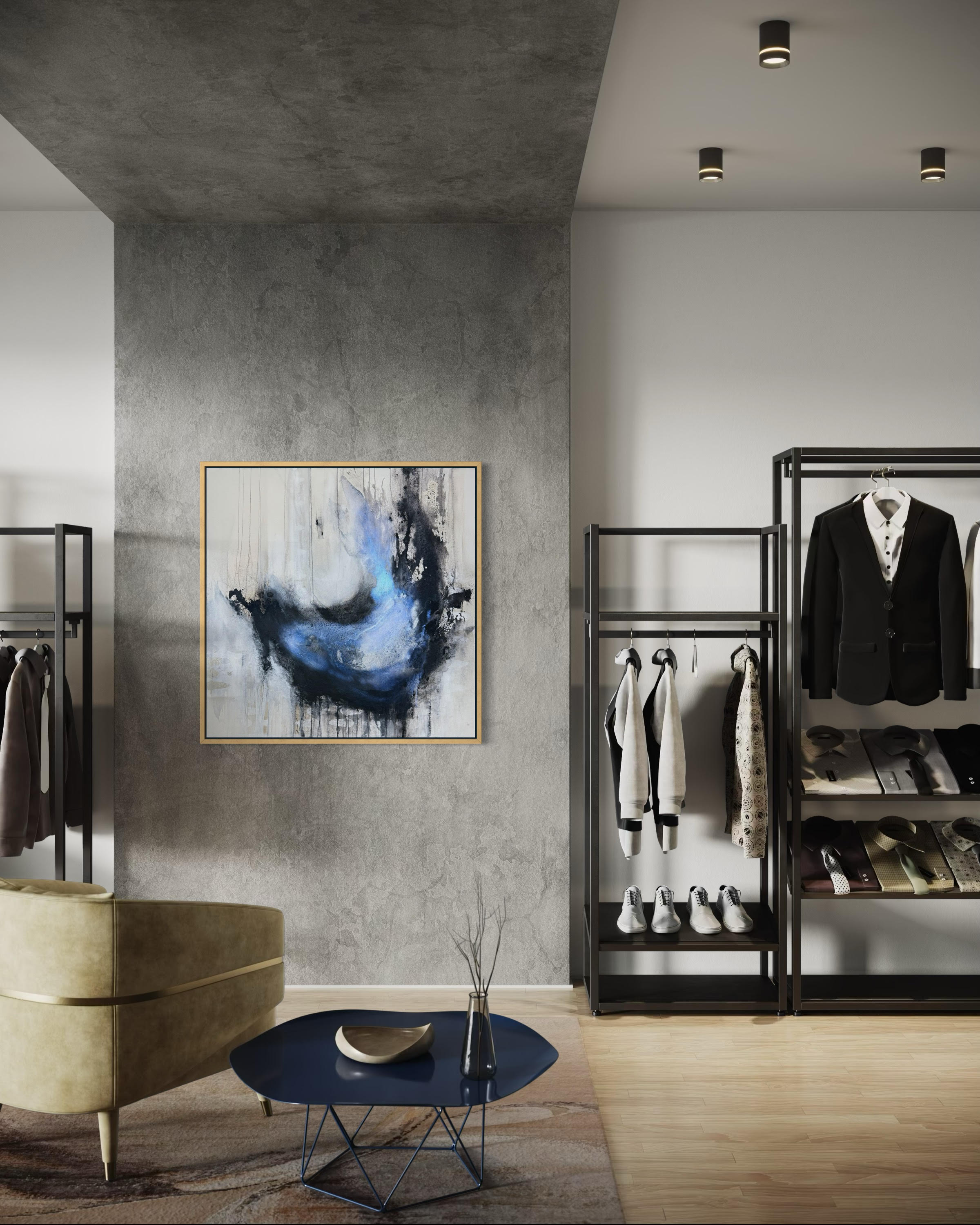 Coming Undone abstract black and white painting in a clothing store
