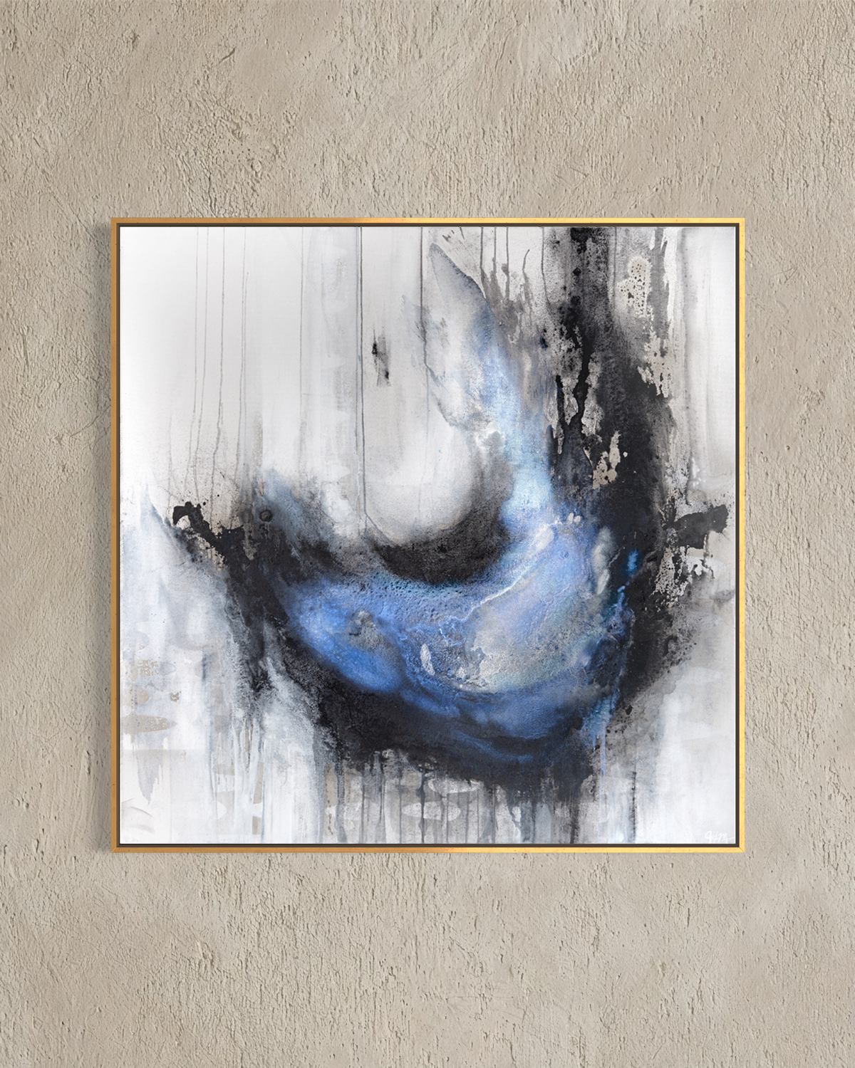 Coming Undone is an abstract charcoal bloom printed on fine art canvas in a gold frame by artist Jen Muse