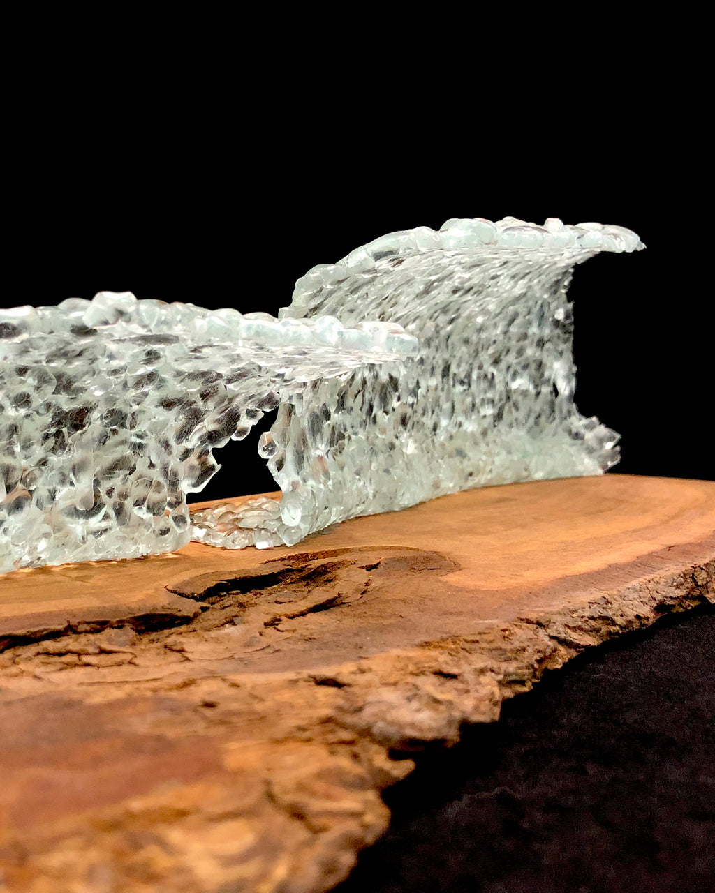 Crested Walnut sculpture details of fused glass waves and wood