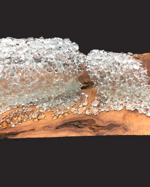 Crested Walnut glass and wood wall sculpture fused glass details