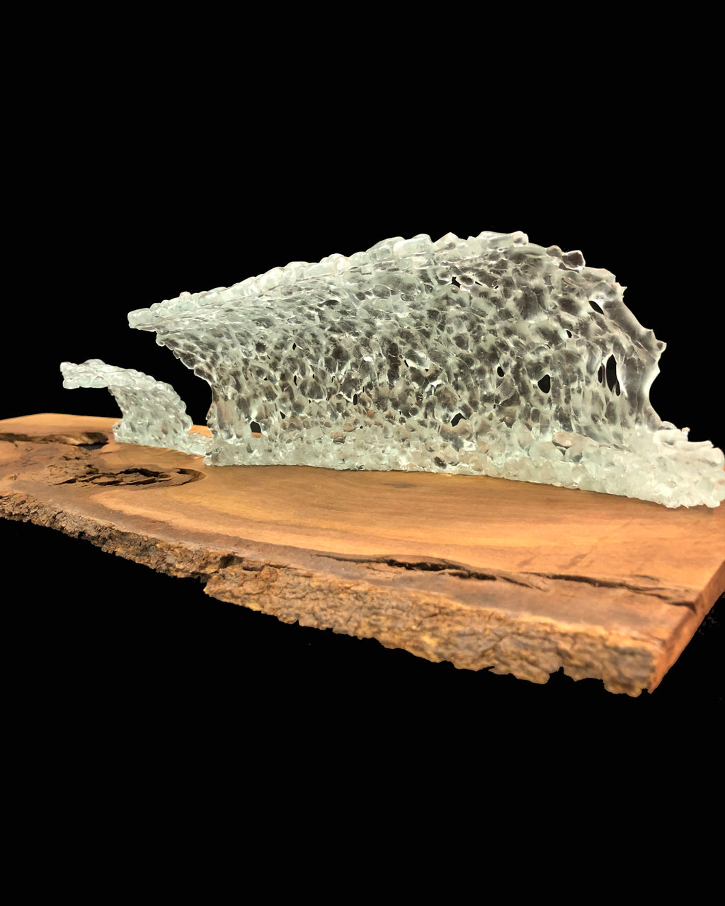 Crested Walnut glass and wood wall sculpture fused glass curves