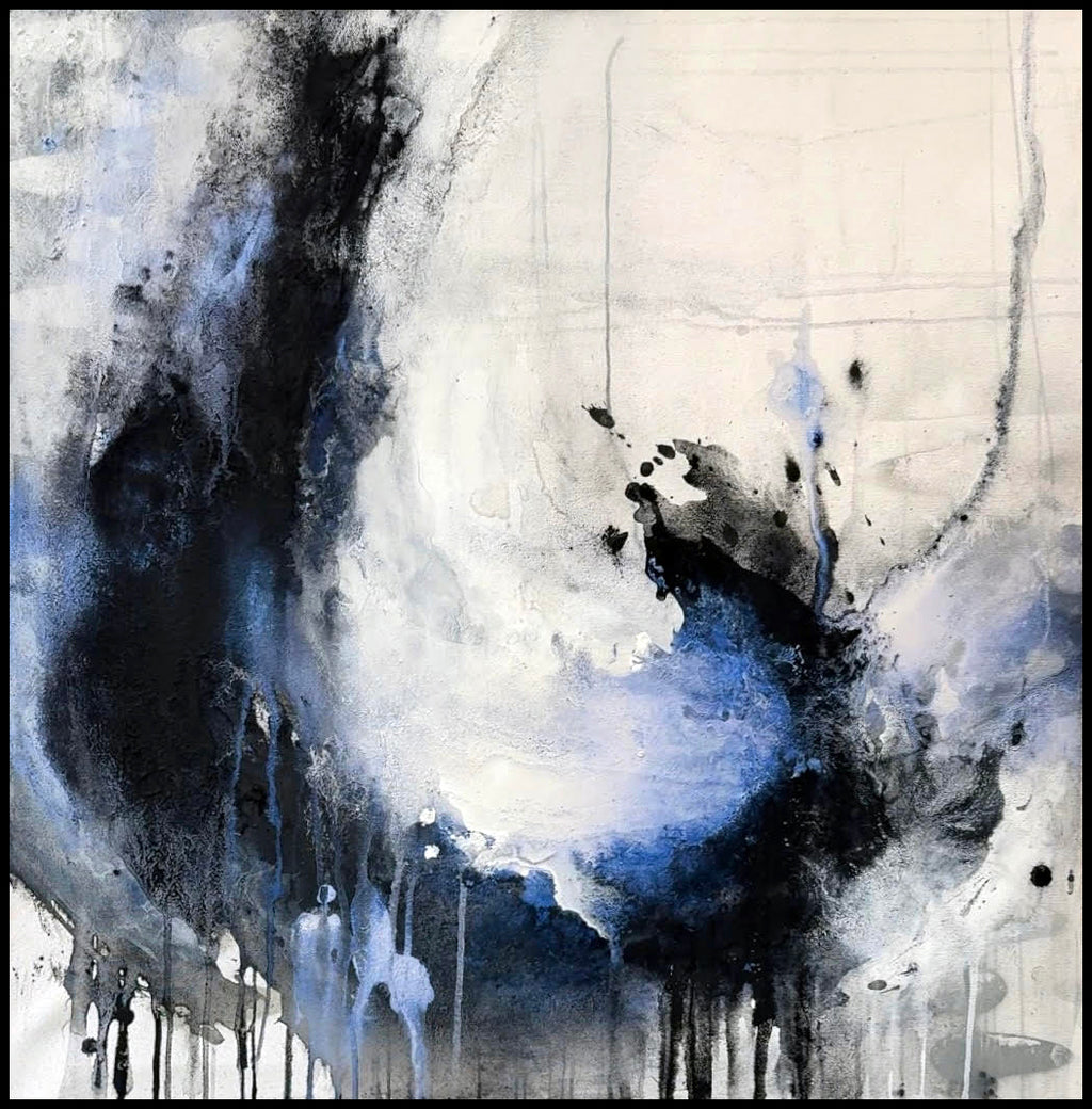 Enduring abstract charcoal painting in black floating frame by Jen Muse