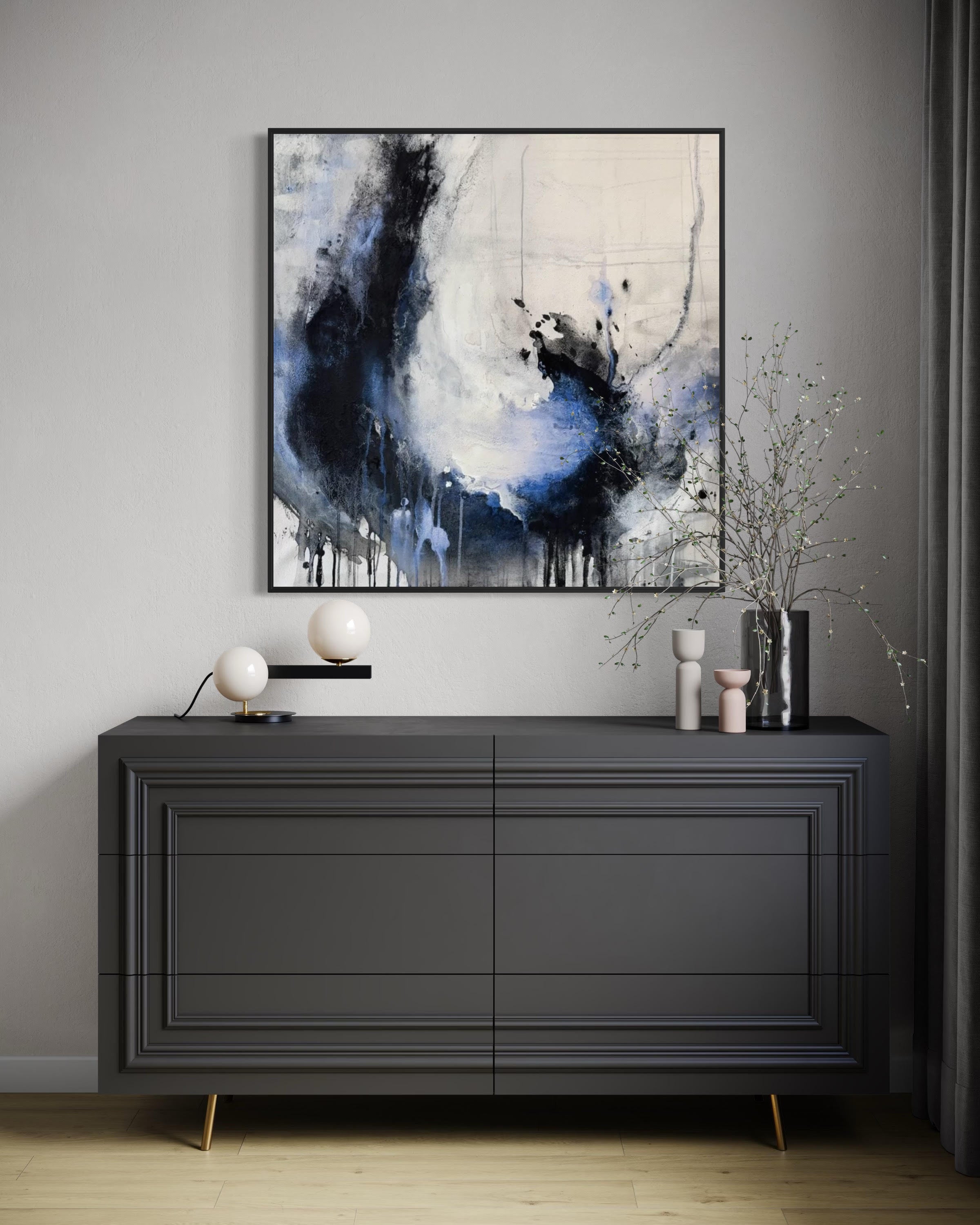 Enduring charcoal abstract painting  in mid-century home