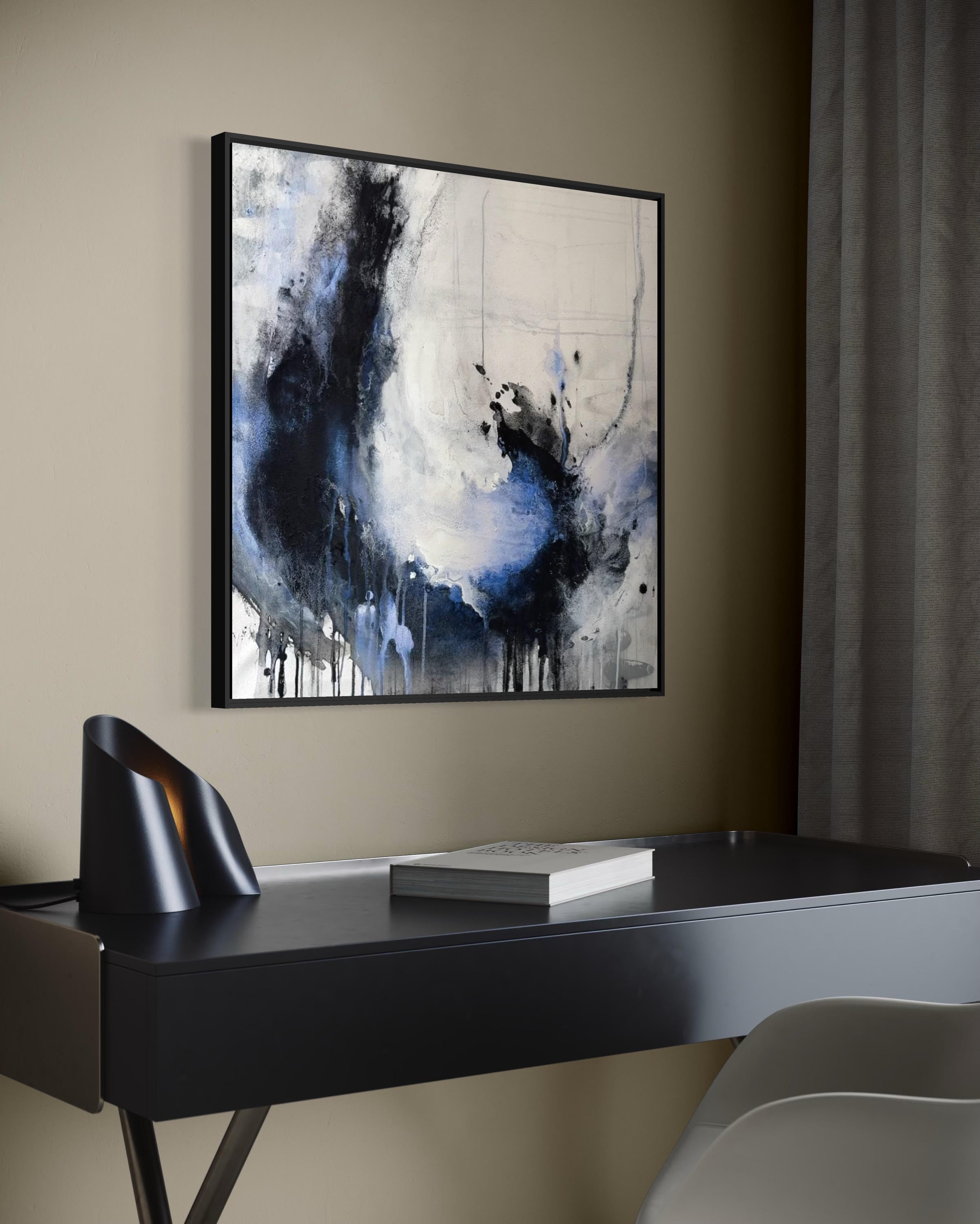 Enduring charcoal abstract painting in black floating frame over modern desk in office