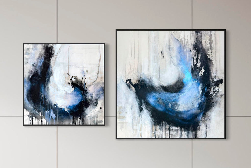 Enduring and Coming Undone abstract charcoal paintings on modern gallery wall