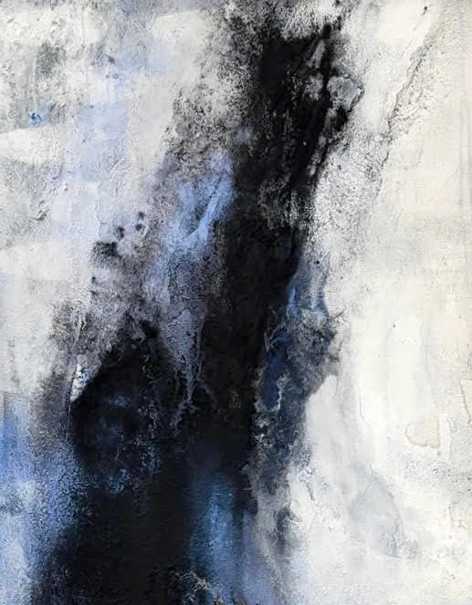 Enduring charcoal painting detail with black white and blue patterns