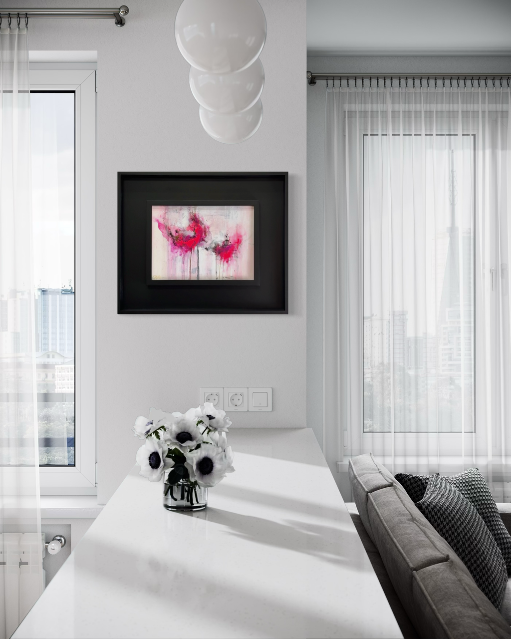 original Pink abstract floral painting in Modern white living room