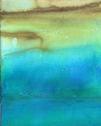 Hidden Waters, abstract cenote painting featuring dissolving limestone forms and layered blue and green water washes.