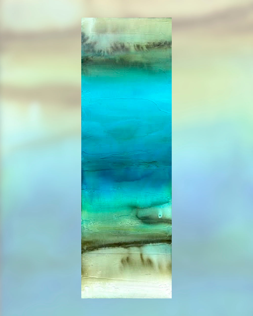Hidden Waters, 12 x 36 abstract cenote painting by Jen Muse featuring dissolving limestone forms and layered blue and green water washes in a vertical cavern composition.