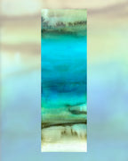 Hidden Waters, 12 x 36 abstract cenote painting by Jen Muse featuring dissolving limestone forms and layered blue and green water washes in a vertical cavern composition.
